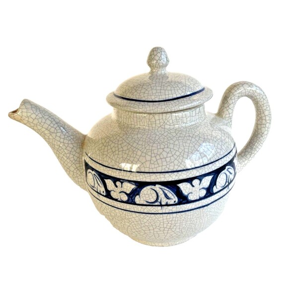DEDHAM POTTERY The Potting Shed Rabbit Teapot Hand Painted Blue USA Vintage - Picture 6 of 7